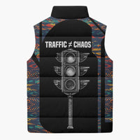 Garrett Morgan Sleeveless Puffer Jacket with Full Body Portrait, Stop Wait Go Quote, Traffic Light Design - Wonder Print Shop
