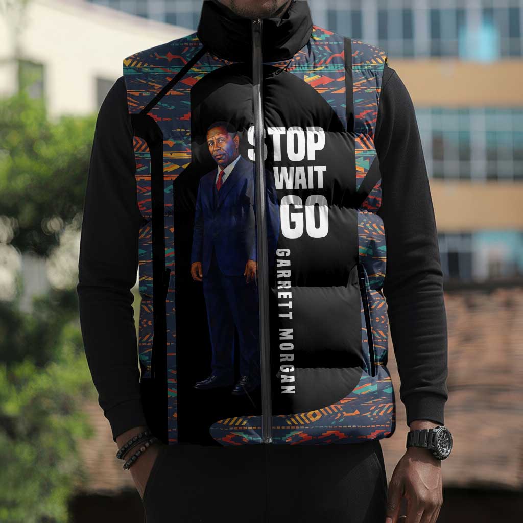 Garrett Morgan Sleeveless Puffer Jacket with Full Body Portrait, Stop Wait Go Quote, Traffic Light Design - Wonder Print Shop