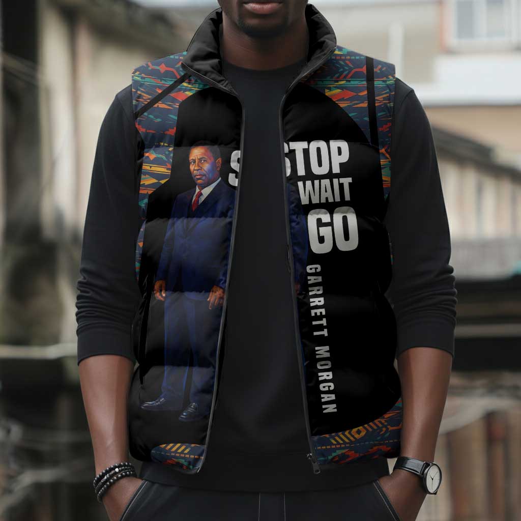 Garrett Morgan Sleeveless Puffer Jacket with Full Body Portrait, Stop Wait Go Quote, Traffic Light Design - Wonder Print Shop