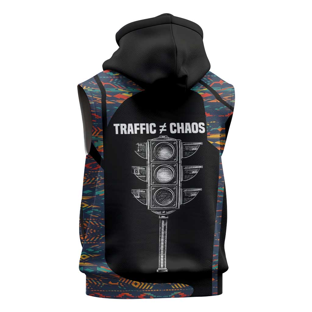 Garrett Morgan Sleeveless Zip Hoodie with Full Body Portrait, Stop Wait Go Quote, Traffic Light Design - Wonder Print Shop