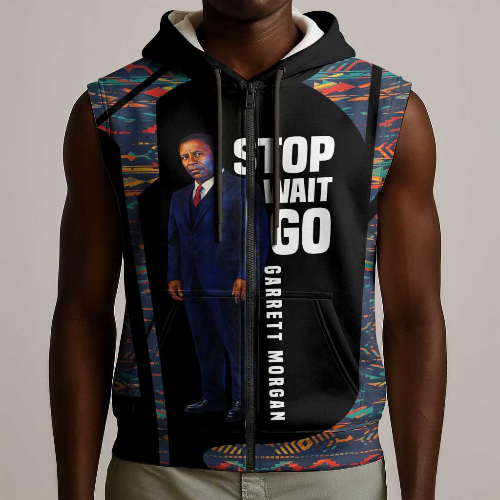 Garrett Morgan Sleeveless Zip Hoodie with Full Body Portrait, Stop Wait Go Quote, Traffic Light Design - Wonder Print Shop
