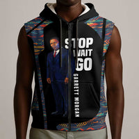 Garrett Morgan Sleeveless Zip Hoodie with Full Body Portrait, Stop Wait Go Quote, Traffic Light Design - Wonder Print Shop