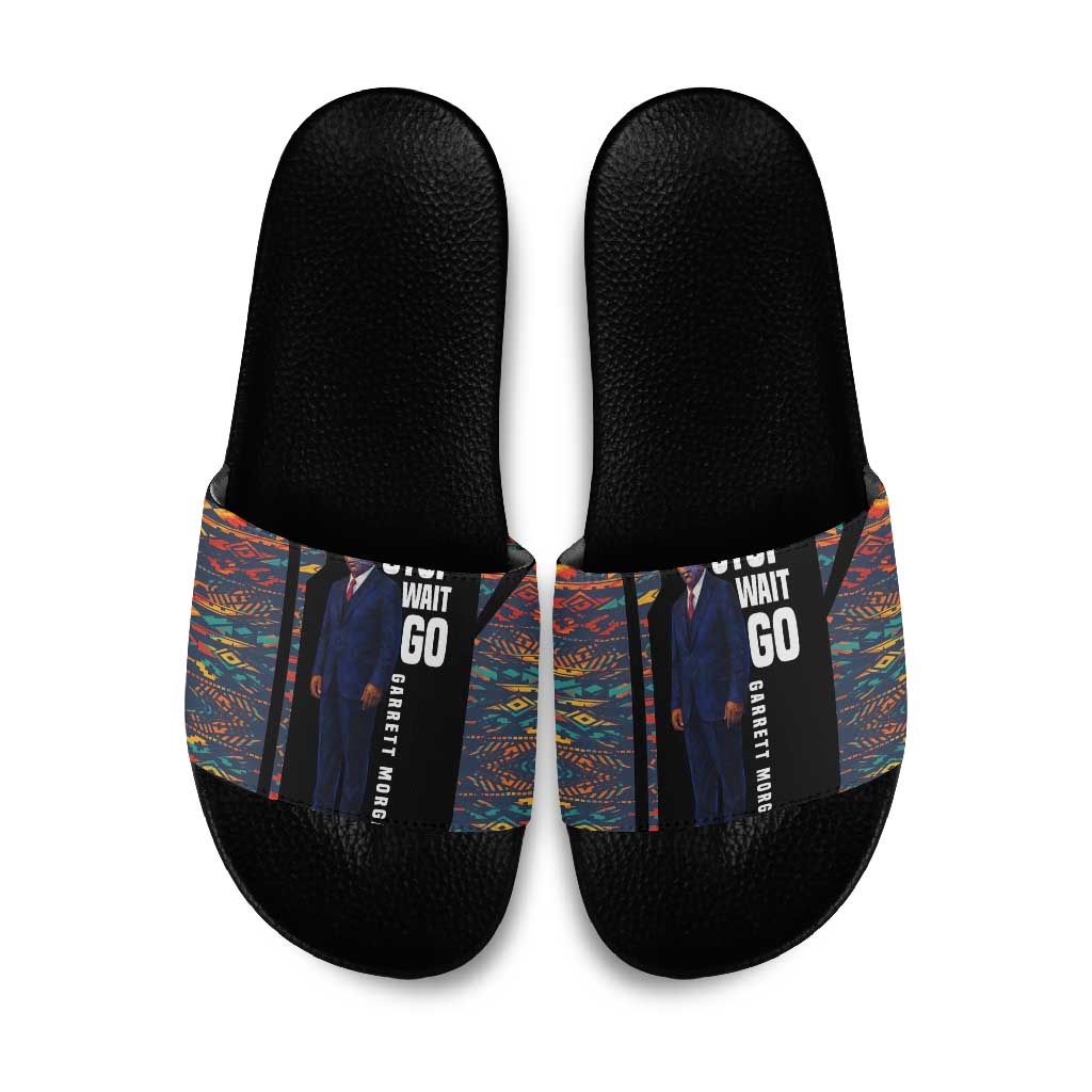 Garrett Morgan Slide Sandals with Full Body Portrait, Stop Wait Go Quote, Traffic Light Design - Wonder Print Shop