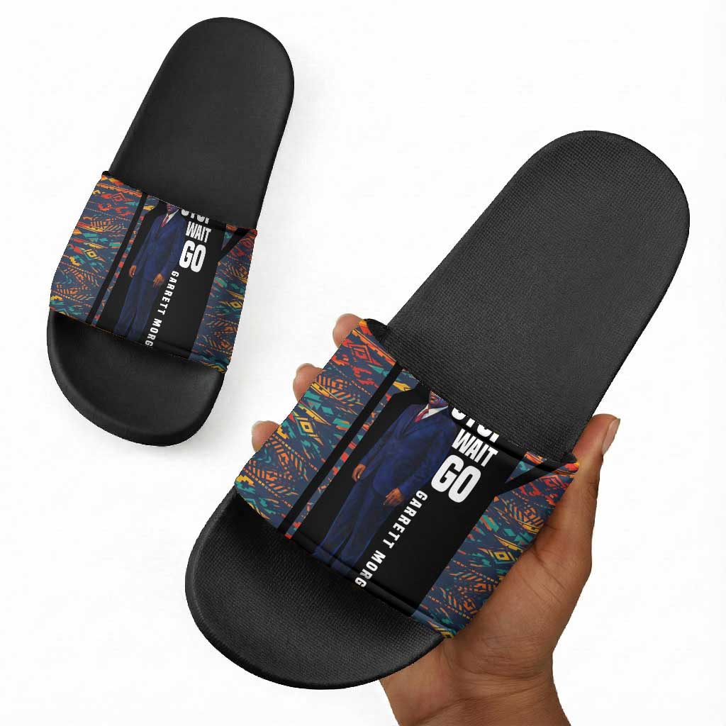 Garrett Morgan Slide Sandals with Full Body Portrait, Stop Wait Go Quote, Traffic Light Design - Wonder Print Shop