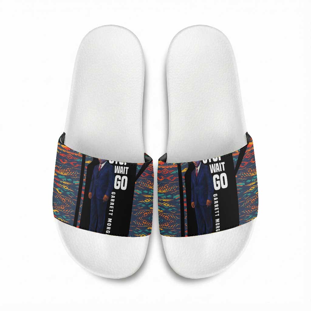 Garrett Morgan Slide Sandals with Full Body Portrait, Stop Wait Go Quote, Traffic Light Design - Wonder Print Shop