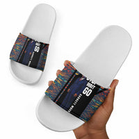 Garrett Morgan Slide Sandals with Full Body Portrait, Stop Wait Go Quote, Traffic Light Design - Wonder Print Shop