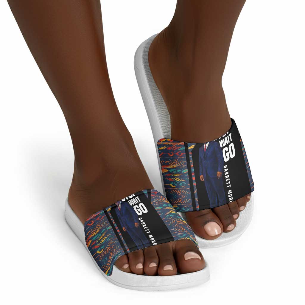 Garrett Morgan Slide Sandals with Full Body Portrait, Stop Wait Go Quote, Traffic Light Design - Wonder Print Shop