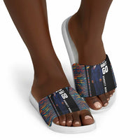 Garrett Morgan Slide Sandals with Full Body Portrait, Stop Wait Go Quote, Traffic Light Design - Wonder Print Shop