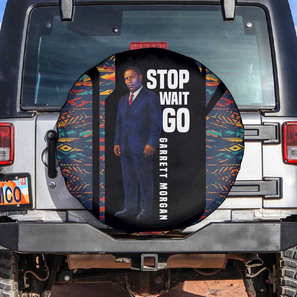Garrett Morgan Spare Tire Cover with Full Body Portrait, Stop Wait Go Quote, Traffic Light Design - Wonder Print Shop