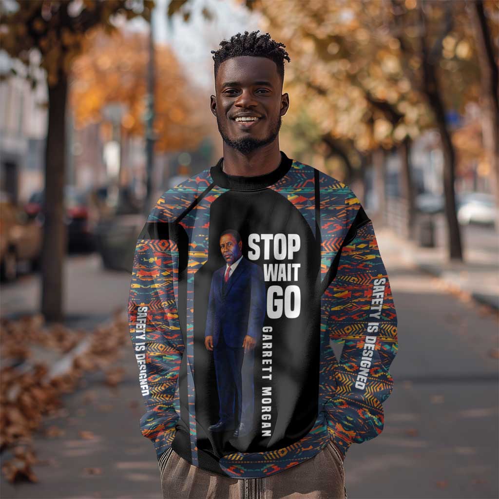 Garrett Morgan Sweatshirt with Full Body Portrait, Stop Wait Go Quote, Traffic Light Design - Wonder Print Shop