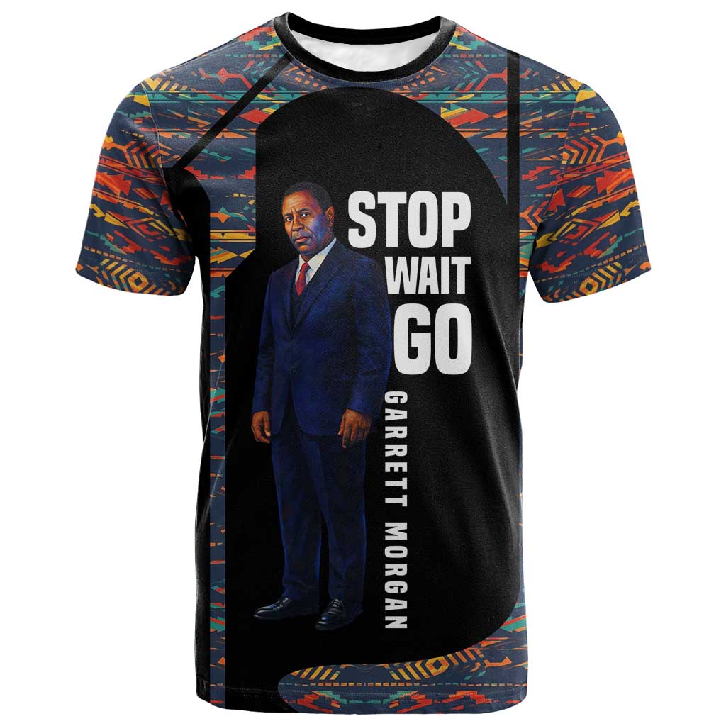 Garrett Morgan T shirt with Full Body Portrait, Stop Wait Go Quote, Traffic Light Design - Wonder Print Shop
