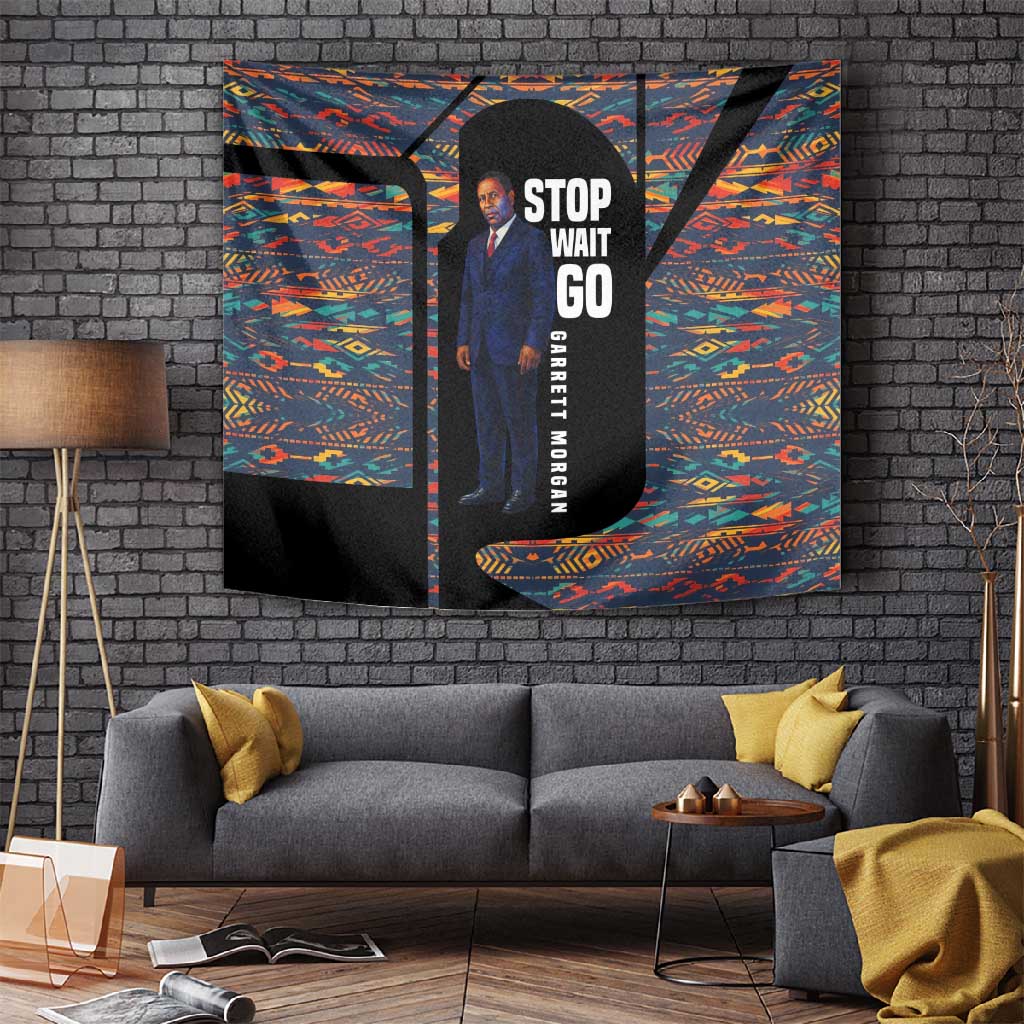 Garrett Morgan Tapestry with Full Body Portrait, Stop Wait Go Quote, Traffic Light Design - Wonder Print Shop