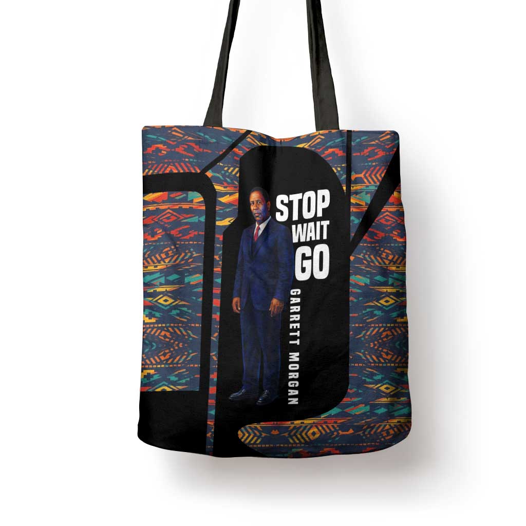 Garrett Morgan Tote Bag with Full Body Portrait, Stop Wait Go Quote, Traffic Light Design - Wonder Print Shop