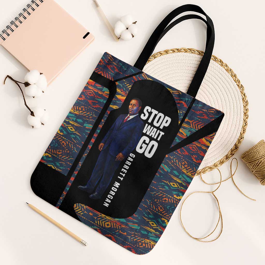 Garrett Morgan Tote Bag with Full Body Portrait, Stop Wait Go Quote, Traffic Light Design - Wonder Print Shop