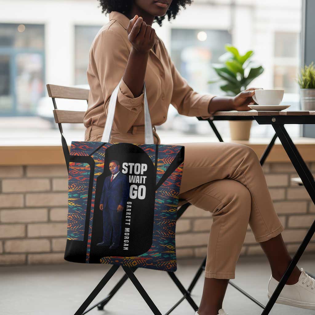 Garrett Morgan Tote Bag with Full Body Portrait, Stop Wait Go Quote, Traffic Light Design - Wonder Print Shop