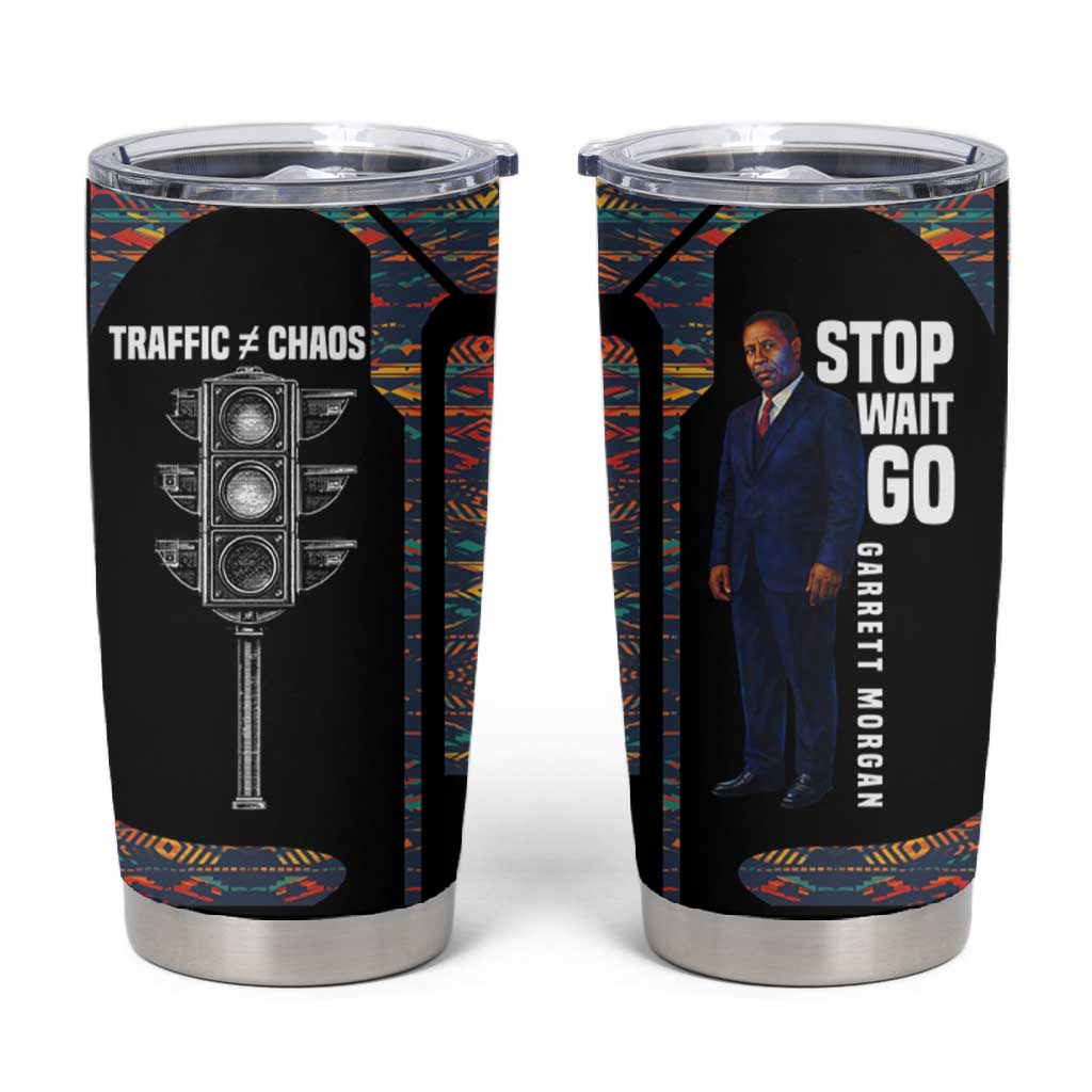Garrett Morgan Tumbler Cup with Full Body Portrait, Stop Wait Go Quote, Traffic Light Design - Wonder Print Shop