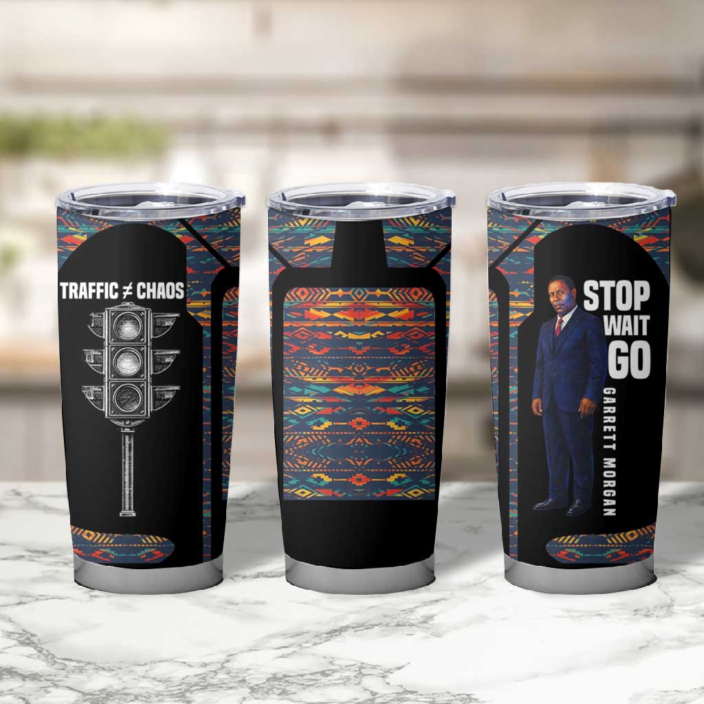 Garrett Morgan Tumbler Cup with Full Body Portrait, Stop Wait Go Quote, Traffic Light Design - Wonder Print Shop