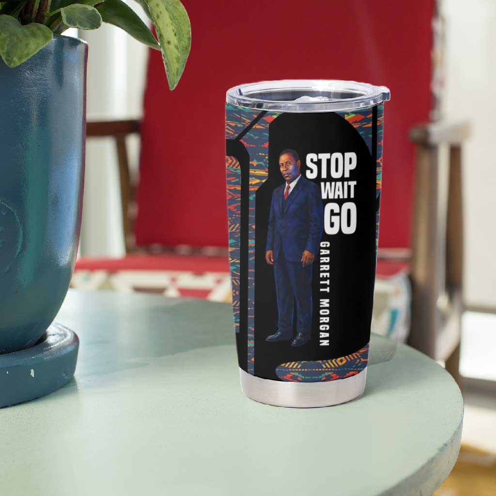 Garrett Morgan Tumbler Cup with Full Body Portrait, Stop Wait Go Quote, Traffic Light Design - Wonder Print Shop