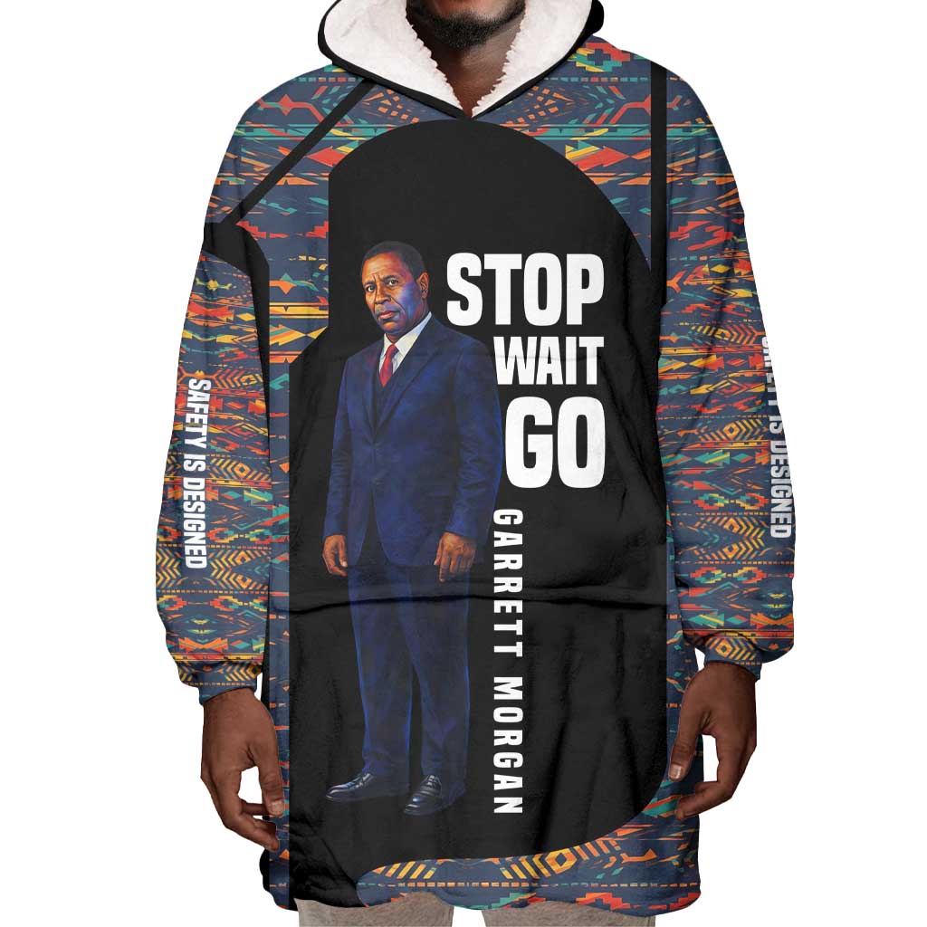 Garrett Morgan Wearable Blanket Hoodie with Full Body Portrait, Stop Wait Go Quote, Traffic Light Design - Wonder Print Shop