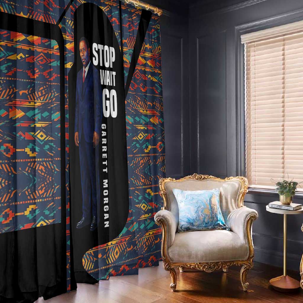 Garrett Morgan Window Curtain with Full Body Portrait, Stop Wait Go Quote, Traffic Light Design - Wonder Print Shop