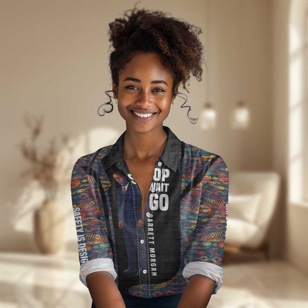 Garrett Morgan Women Casual Shirt with Full Body Portrait, Stop Wait Go Quote, Traffic Light Design - Wonder Print Shop