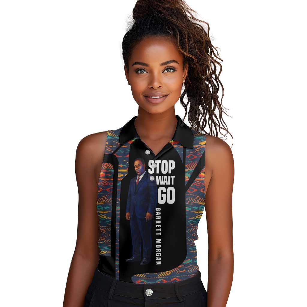 Garrett Morgan Women Sleeveless Polo Shirt with Full Body Portrait, Stop Wait Go Quote, Traffic Light Design - Wonder Print Shop