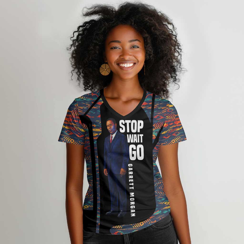 Garrett Morgan Women V-Neck T-Shirt with Full Body Portrait, Stop Wait Go Quote, Traffic Light Design - Wonder Print Shop