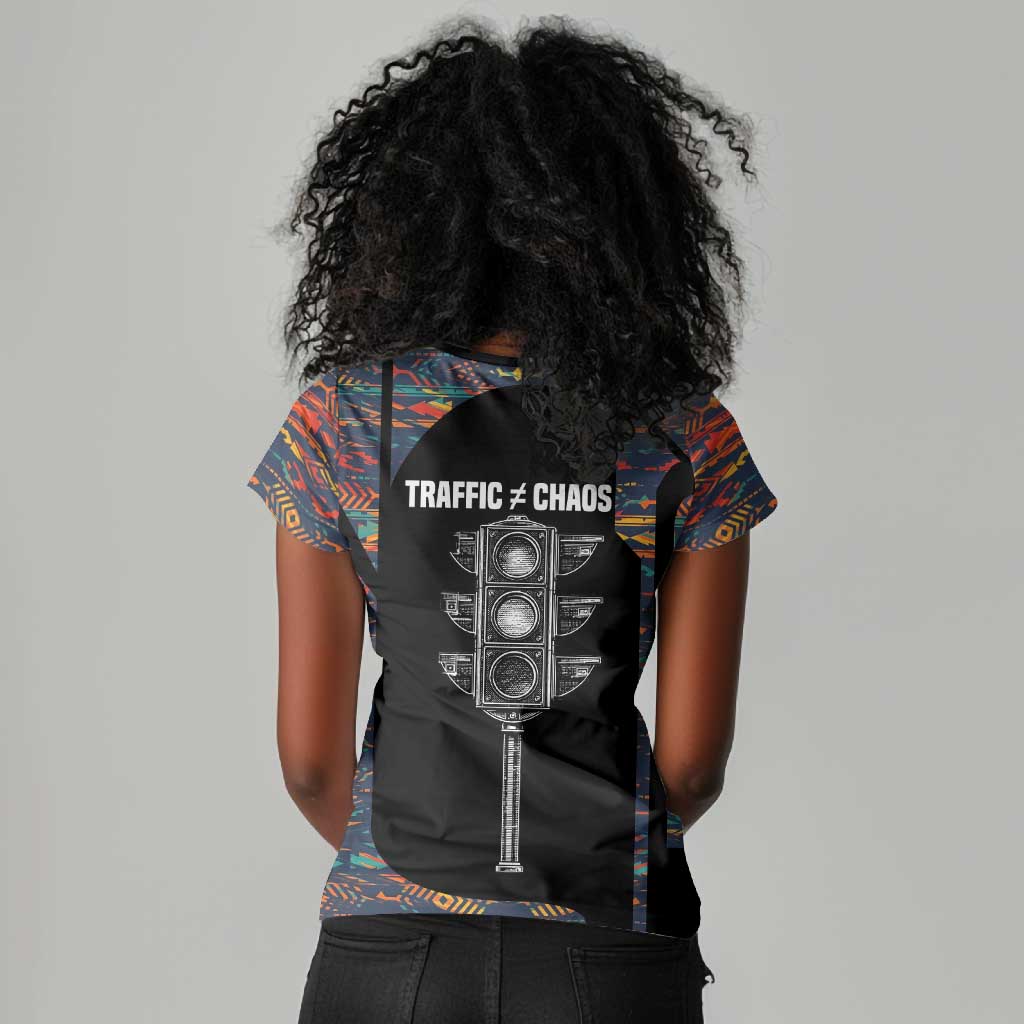 Garrett Morgan Women V-Neck T-Shirt with Full Body Portrait, Stop Wait Go Quote, Traffic Light Design - Wonder Print Shop