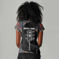 Garrett Morgan Women V-Neck T-Shirt with Full Body Portrait, Stop Wait Go Quote, Traffic Light Design - Wonder Print Shop
