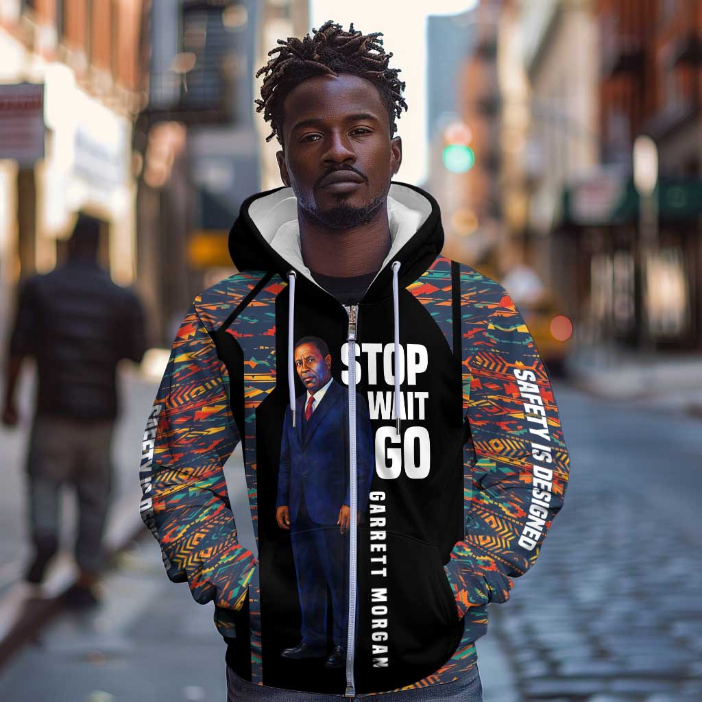 Garrett Morgan Zip Hoodie with Full Body Portrait, Stop Wait Go Quote, Traffic Light Design - Wonder Print Shop