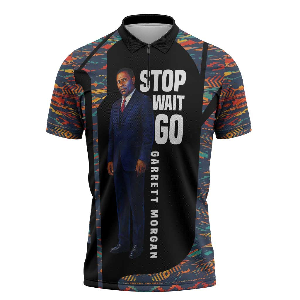 Garrett Morgan Zipper Polo Shirt with Full Body Portrait, Stop Wait Go Quote, Traffic Light Design - Wonder Print Shop