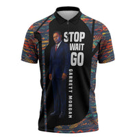 Garrett Morgan Zipper Polo Shirt with Full Body Portrait, Stop Wait Go Quote, Traffic Light Design - Wonder Print Shop