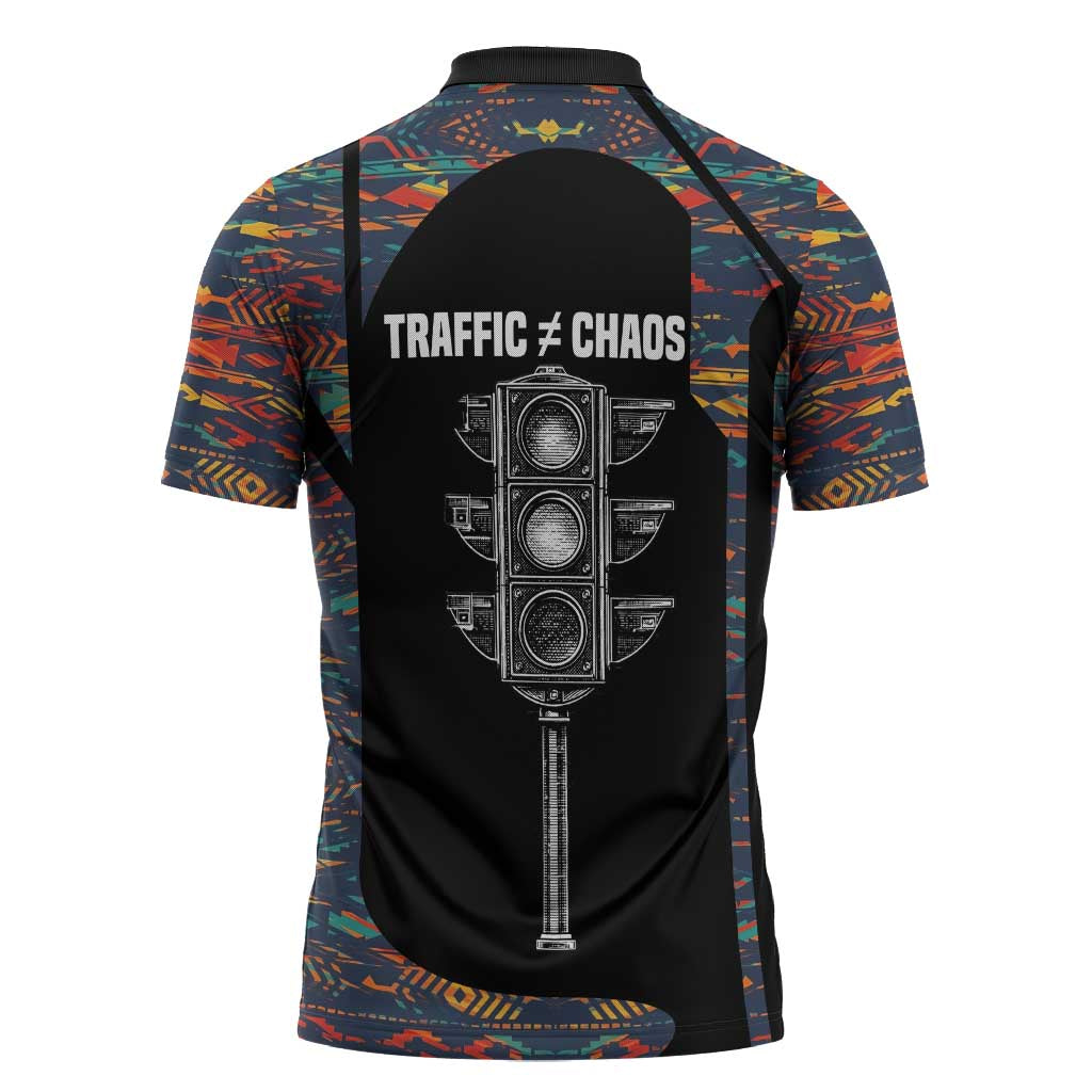 Garrett Morgan Zipper Polo Shirt with Full Body Portrait, Stop Wait Go Quote, Traffic Light Design - Wonder Print Shop