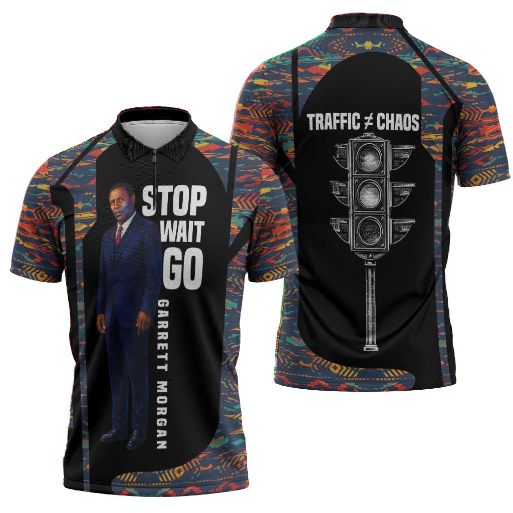 Garrett Morgan Zipper Polo Shirt with Full Body Portrait, Stop Wait Go Quote, Traffic Light Design - Wonder Print Shop
