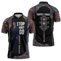 Garrett Morgan Zipper Polo Shirt with Full Body Portrait, Stop Wait Go Quote, Traffic Light Design - Wonder Print Shop