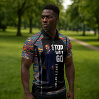 Garrett Morgan Zipper Polo Shirt with Full Body Portrait, Stop Wait Go Quote, Traffic Light Design - Wonder Print Shop