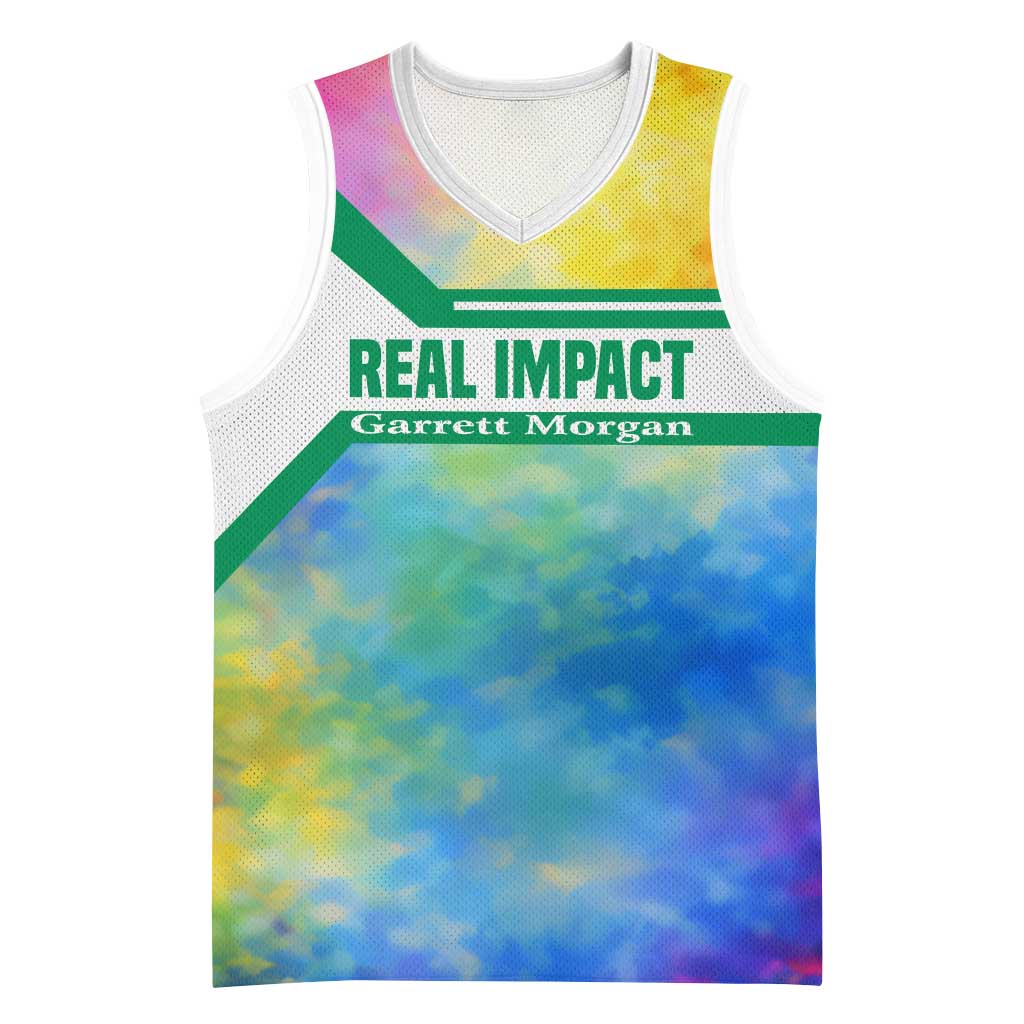 Garrett Morgan Basketball Jersey with Real Impact Quote, Black Inventor Portrait and Vibrant Watercolor - Wonder Print Shop