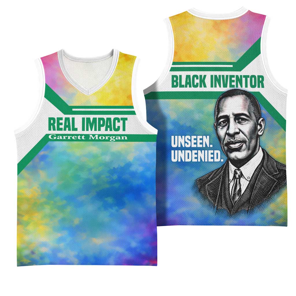 Garrett Morgan Basketball Jersey with Real Impact Quote, Black Inventor Portrait and Vibrant Watercolor - Wonder Print Shop