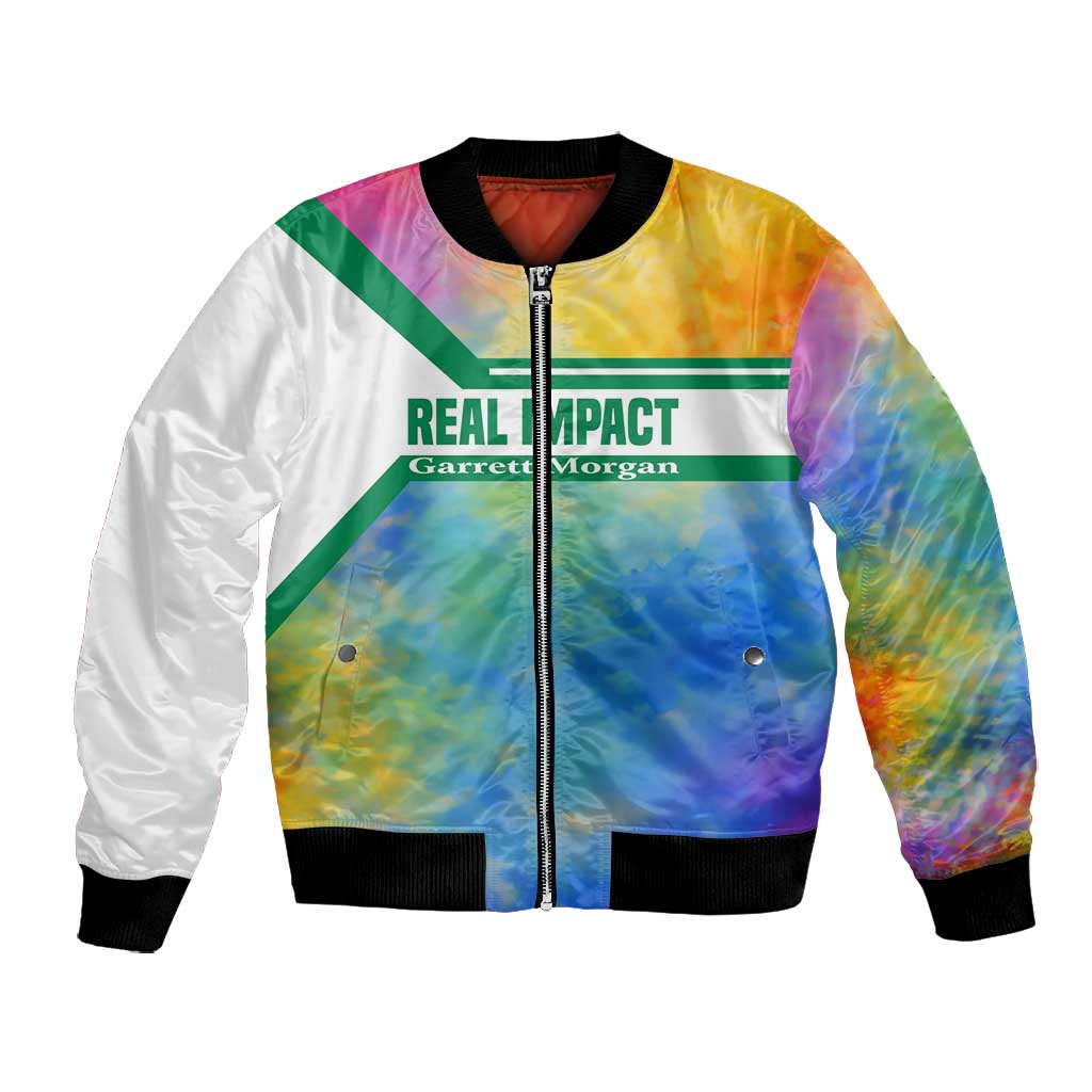 Garrett Morgan Bomber Jacket with Real Impact Quote, Black Inventor Portrait and Vibrant Watercolor - Wonder Print Shop