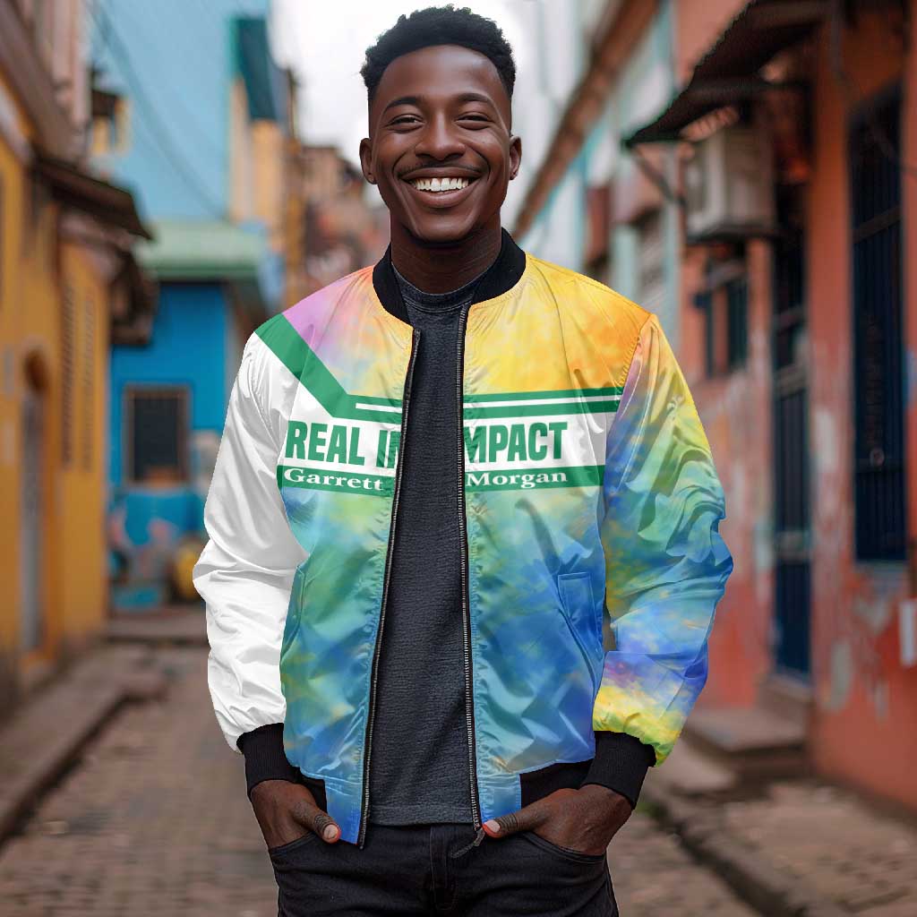Garrett Morgan Bomber Jacket with Real Impact Quote, Black Inventor Portrait and Vibrant Watercolor - Wonder Print Shop
