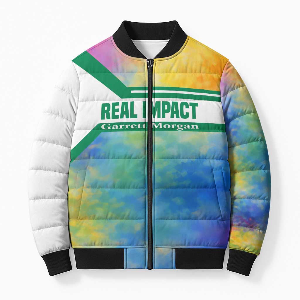Garrett Morgan Bomber Puffer Jacket with Real Impact Quote, Black Inventor Portrait and Vibrant Watercolor - Wonder Print Shop