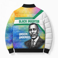 Garrett Morgan Bomber Puffer Jacket with Real Impact Quote, Black Inventor Portrait and Vibrant Watercolor - Wonder Print Shop
