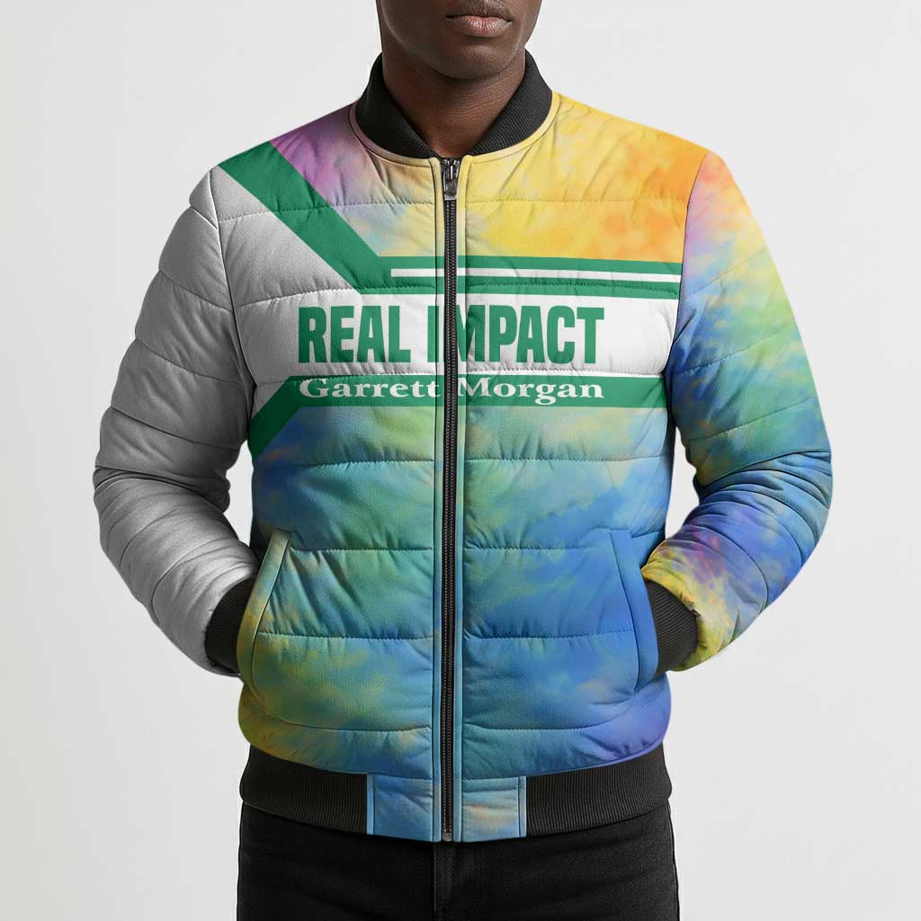 Garrett Morgan Bomber Puffer Jacket with Real Impact Quote, Black Inventor Portrait and Vibrant Watercolor - Wonder Print Shop