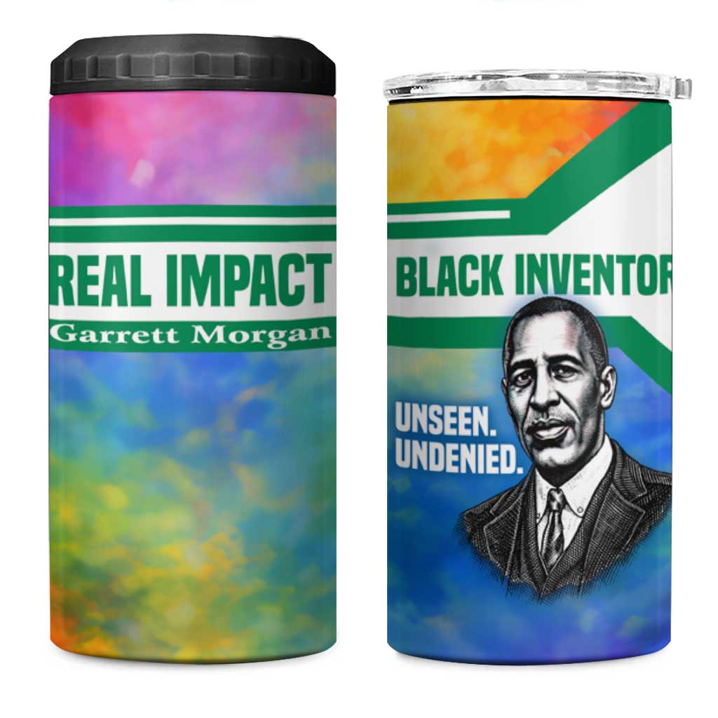Garrett Morgan 4 in 1 Can Cooler Tumbler with Real Impact Quote, Black Inventor Portrait and Vibrant Watercolor - Wonder Print Shop
