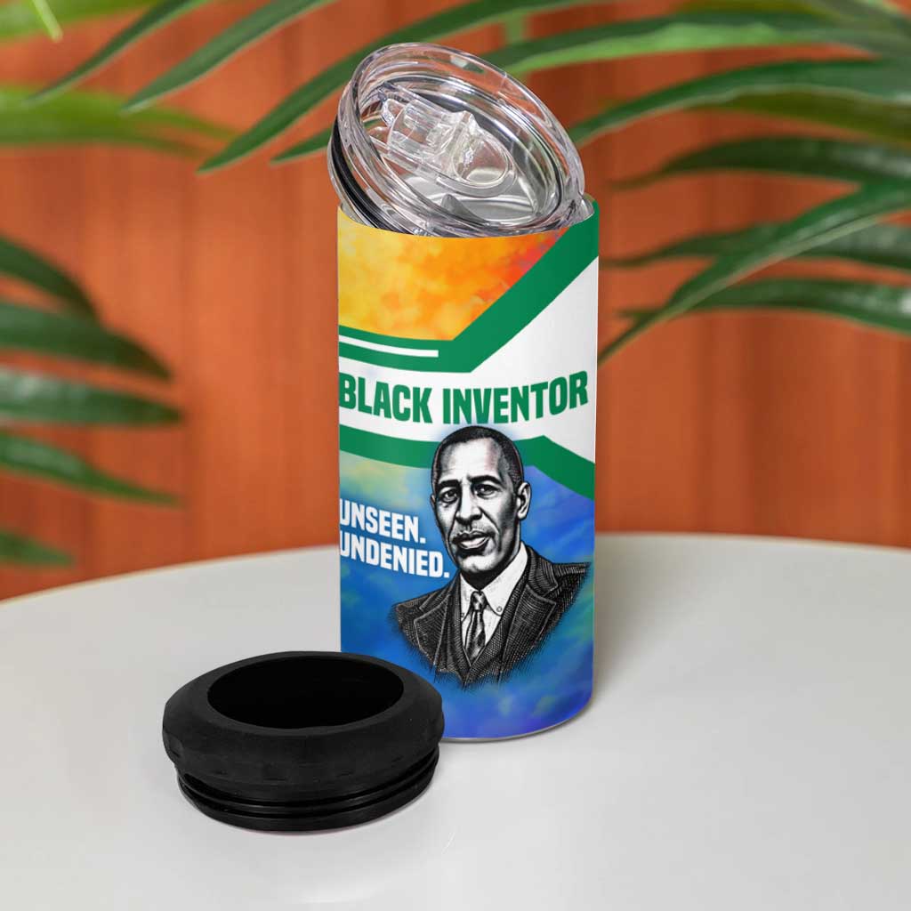 Garrett Morgan 4 in 1 Can Cooler Tumbler with Real Impact Quote, Black Inventor Portrait and Vibrant Watercolor - Wonder Print Shop