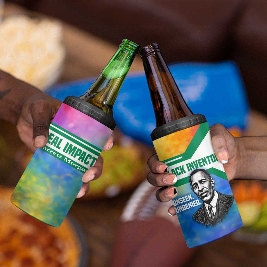 Garrett Morgan 4 in 1 Can Cooler Tumbler with Real Impact Quote, Black Inventor Portrait and Vibrant Watercolor - Wonder Print Shop