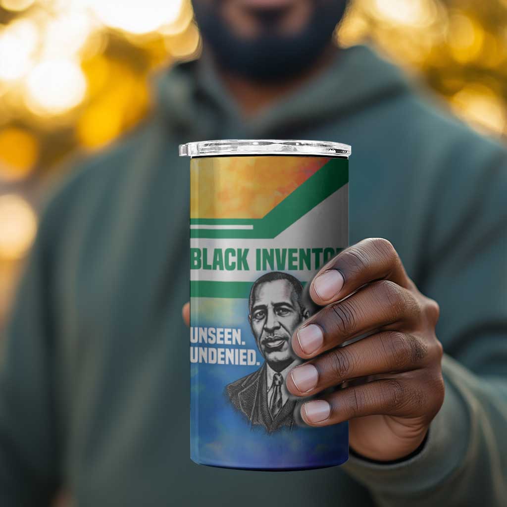 Garrett Morgan 4 in 1 Can Cooler Tumbler with Real Impact Quote, Black Inventor Portrait and Vibrant Watercolor - Wonder Print Shop