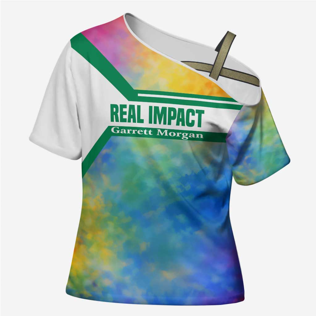 Garrett Morgan Cross Shoulder Shirt with Real Impact Quote, Black Inventor Portrait and Vibrant Watercolor - Wonder Print Shop