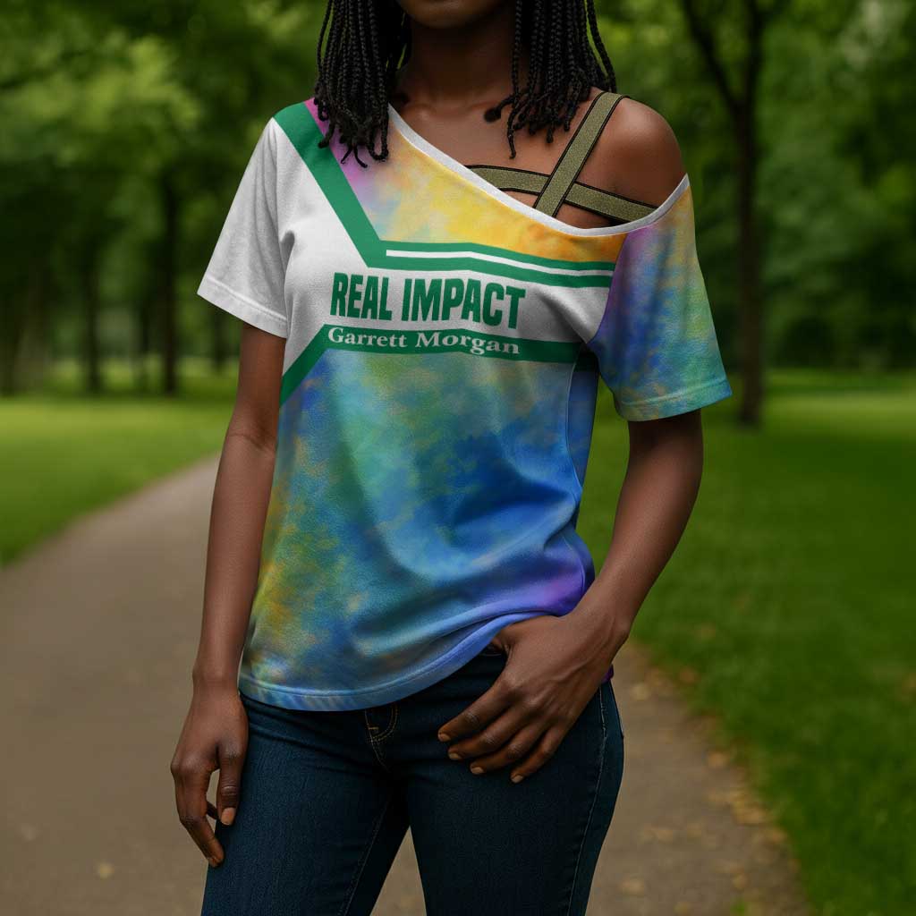 Garrett Morgan Cross Shoulder Shirt with Real Impact Quote, Black Inventor Portrait and Vibrant Watercolor - Wonder Print Shop