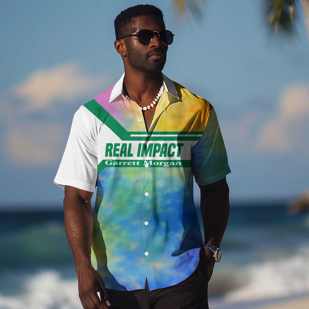 Garrett Morgan Hawaiian Shirt with Real Impact Quote, Black Inventor Portrait and Vibrant Watercolor - Wonder Print Shop